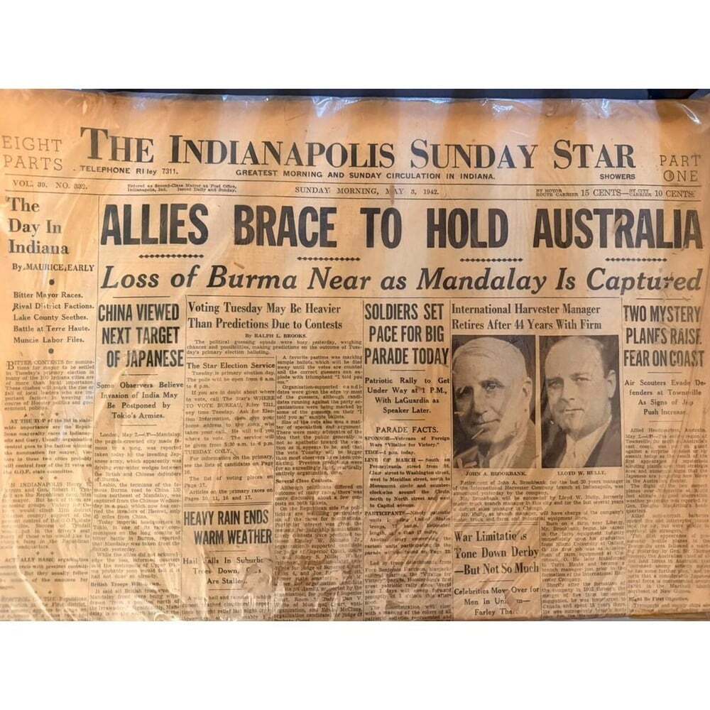 1942 Indianapolis Sunday Star Newspaper WWII Fall of Mandalay Japan Australia